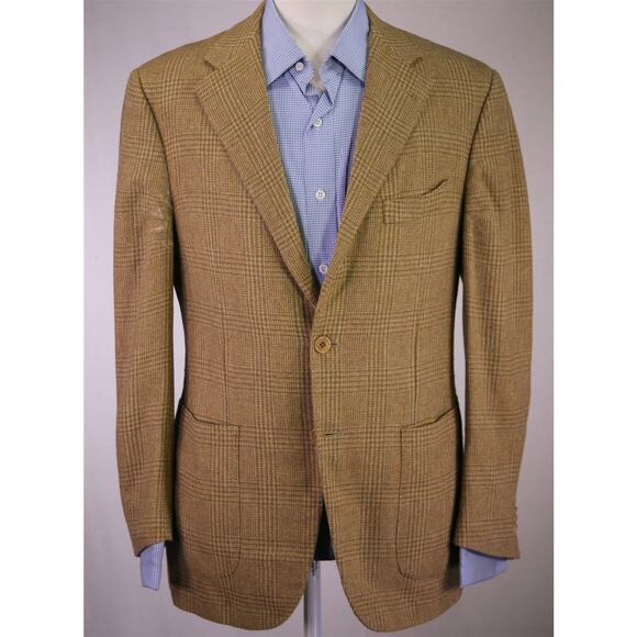 Sartoria Partenopea Brown Gold Plaid Wool Cashmere Patch Pocket Blazer 38S - Picture 2 of 10